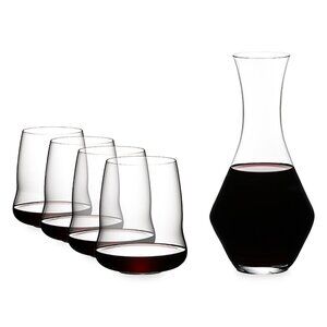 Riedel Stemless Wings Set, 4 Cabernet Glasses & 1 Merlot Decanter